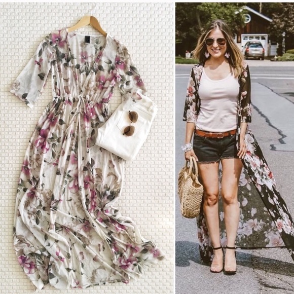 Ivory Floral Long Kimono - Picture 2 of 2